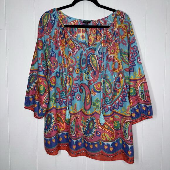 Talbots Women’s Fiesta Paisley Tassel Popover Top Multicolor Size 1X - Picture 1 of 6